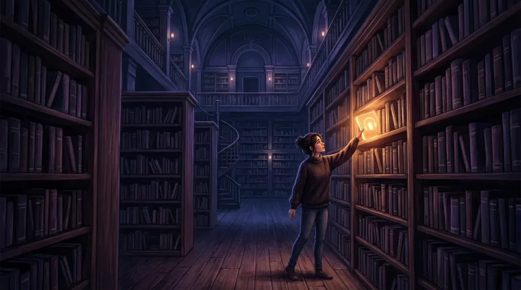 Illustration of a listener choosing a glowing audiobook in a cosy library