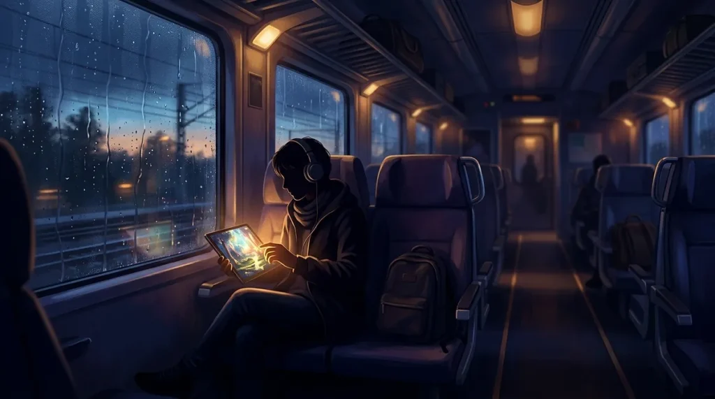 Illustration of a commuter listening to an audiobook on a rainy morning train