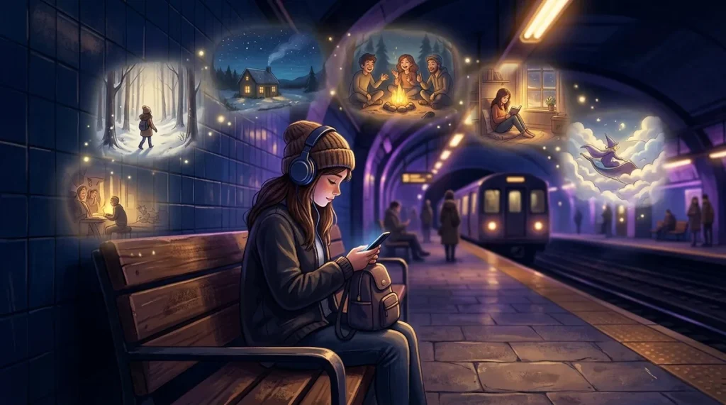Illustration of a listener on an underground platform surrounded by dreamlike story scenes