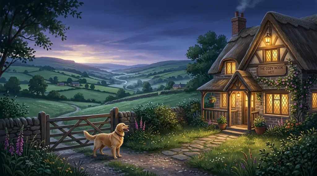 Illustration of a countryside veterinary cottage in the dales with a dog by the gate