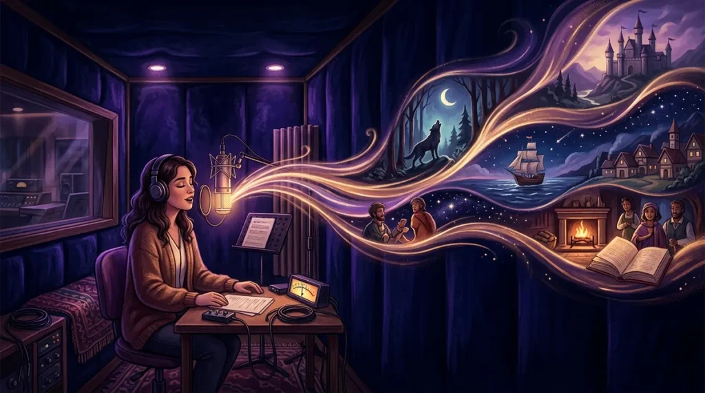 Illustration of a vintage microphone in a velvet recording booth with story imagery