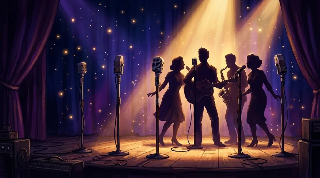 Illustration of a theatre stage with several microphones and performer silhouettes