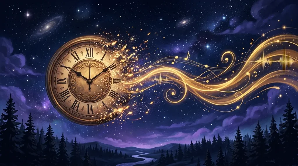 Illustration of a clock face dissolving into flowing golden sound waves