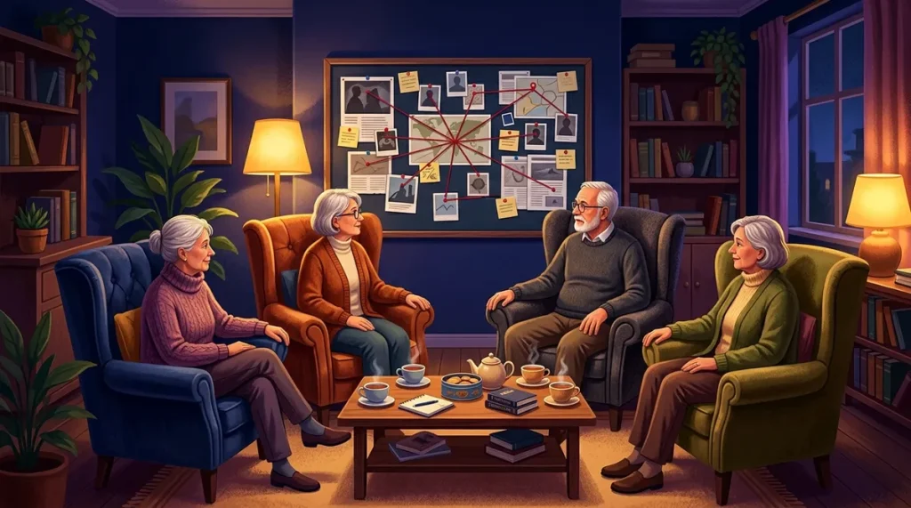 Illustration of four armchairs around an investigation board in a cosy lounge