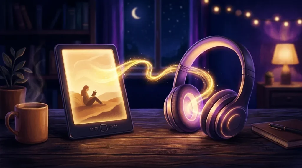 Illustration of an e-reader and headphones connected by a ribbon of light