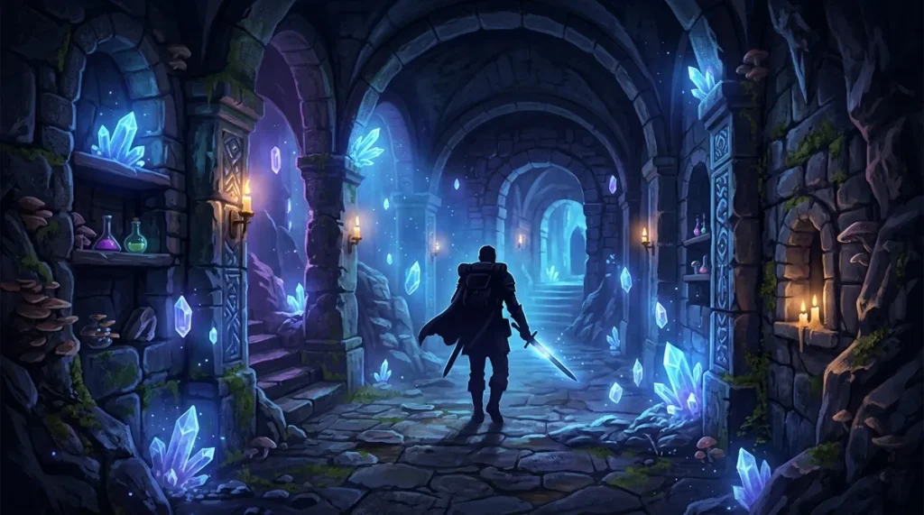 Illustration of a glowing fantasy dungeon corridor with a heroic silhouette