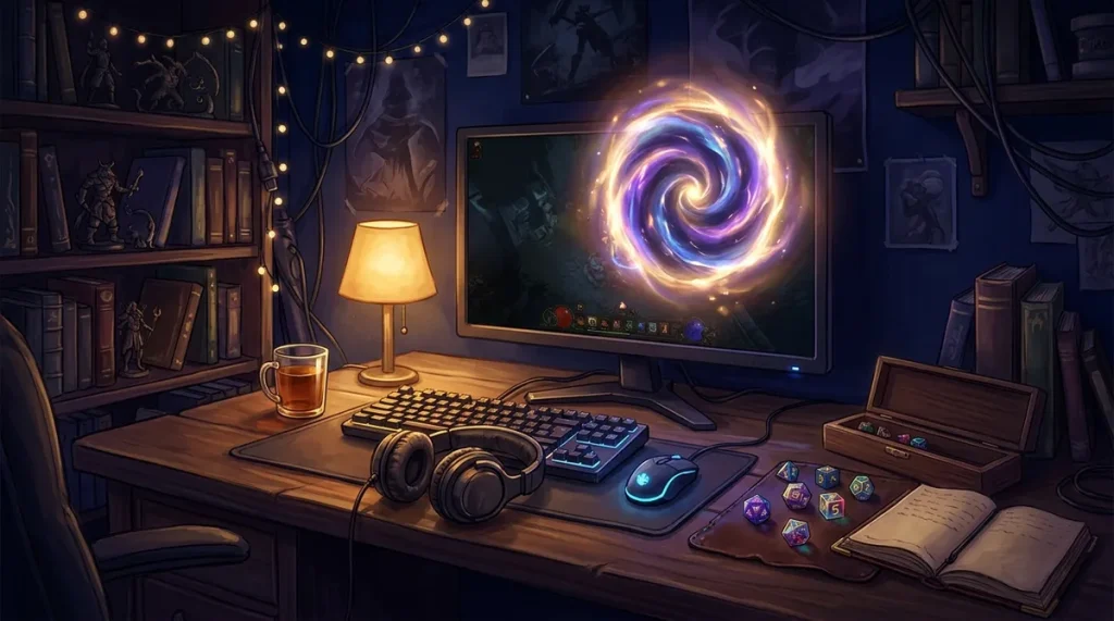 Illustration of a cosy gaming den with a small magical portal above the desk