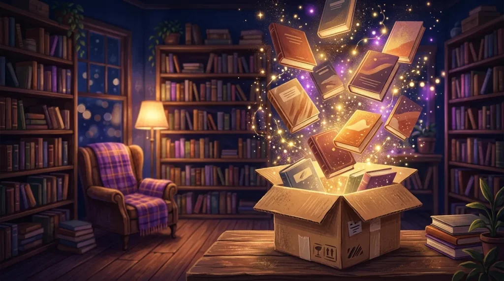 Illustration of new books floating out of an open box in golden sparkles