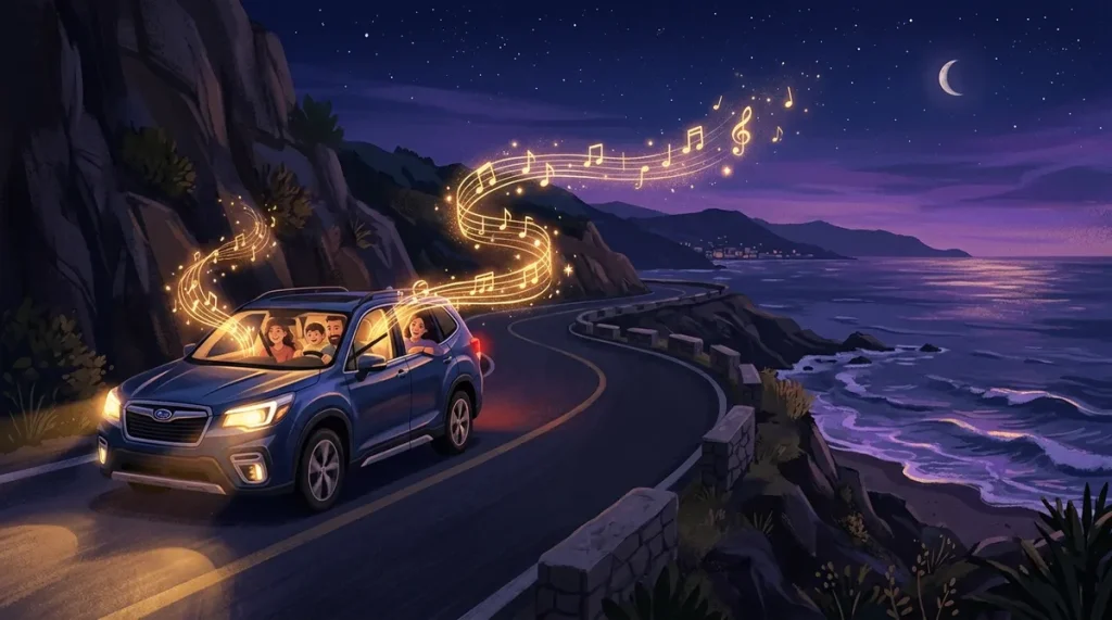 Illustration of a family car on a coastal road with musical light trailing from the windows