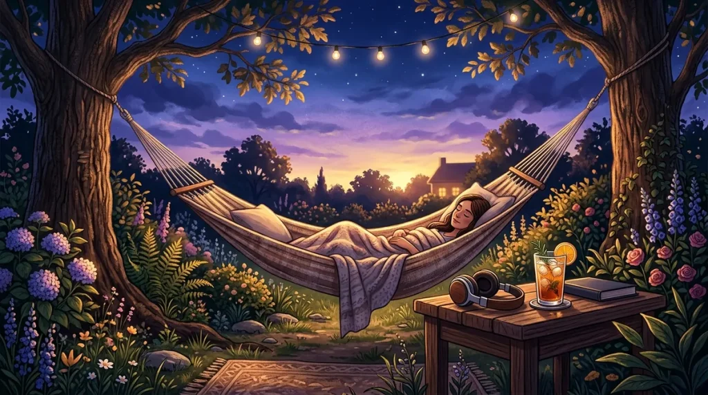Illustration of a hammock at golden hour with headphones on a side table