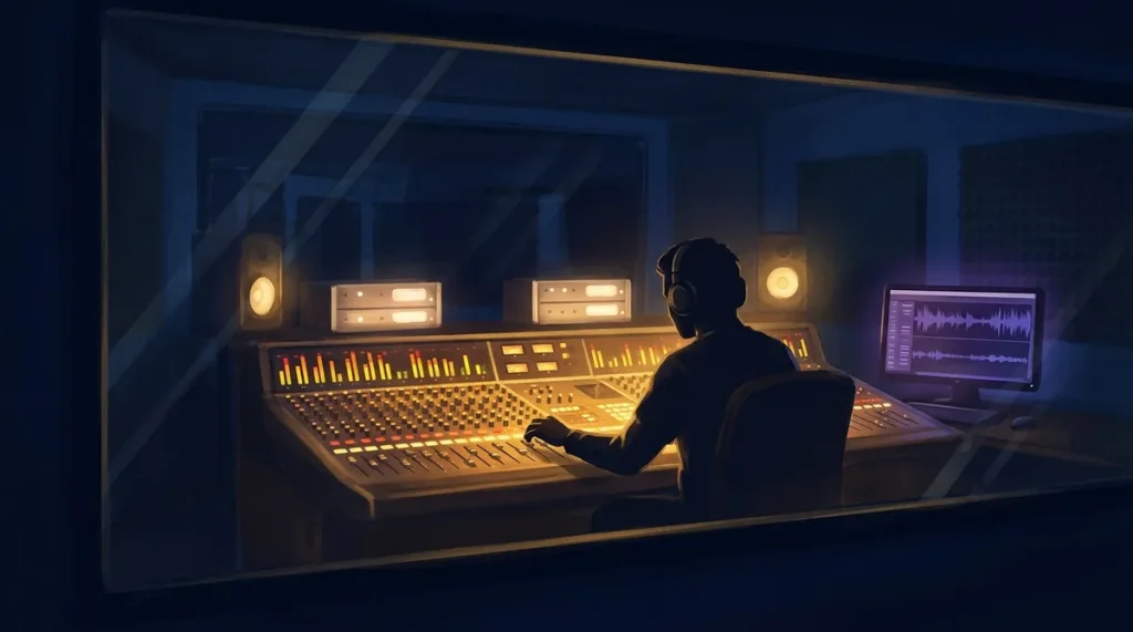 Illustration of a sound engineer at a mixing desk seen through studio glass