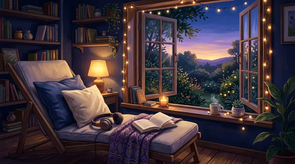 Illustration of a summer reading nook with headphones on a deckchair