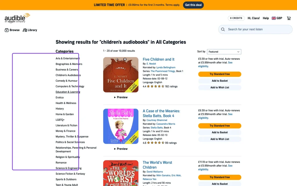 Audible UK search results filtered by listening length