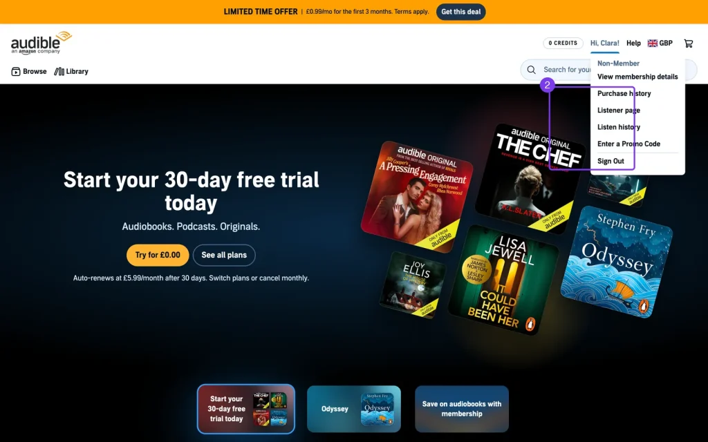 The account menu on Audible UK open, showing the Account details link