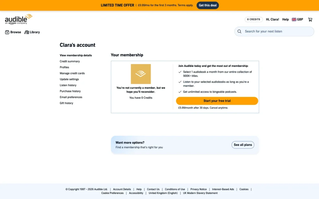 The account overview page on Audible UK