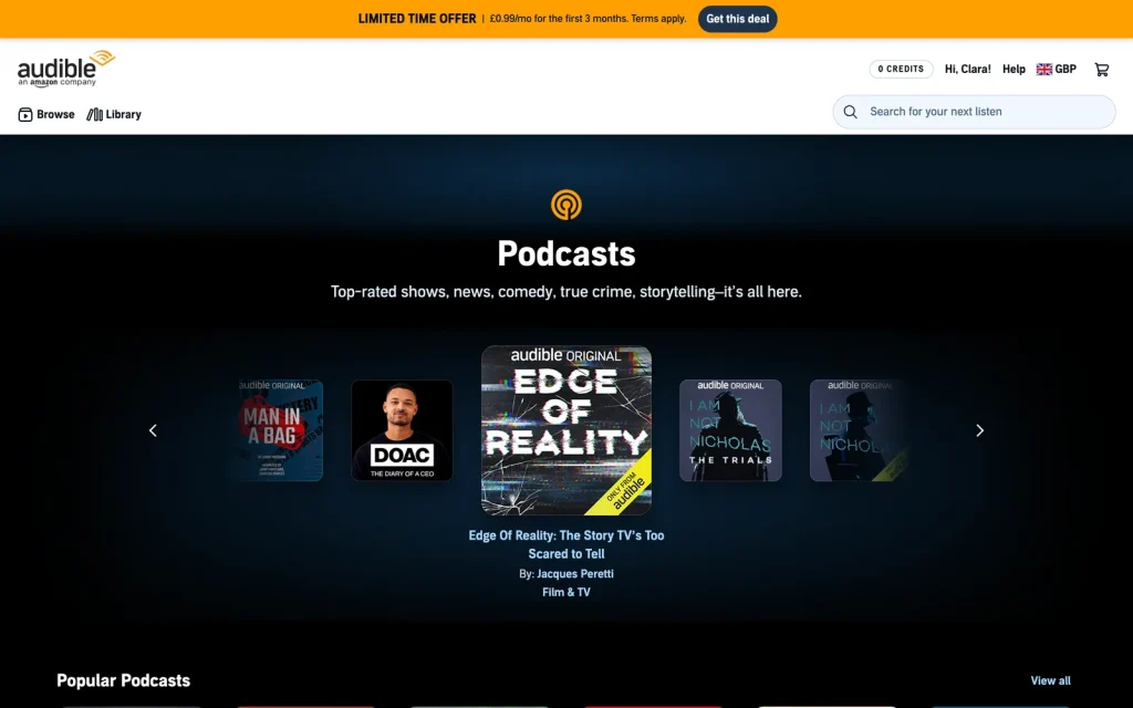 The Audible UK podcasts page with shows included at no extra cost