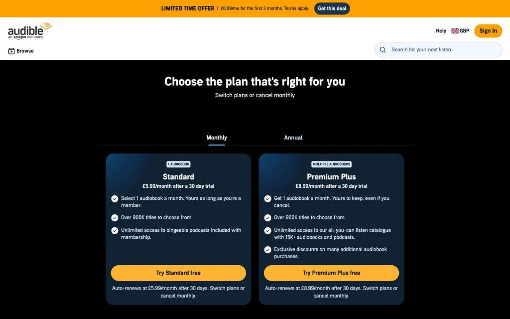Audible UK membership page showing what is included with a plan