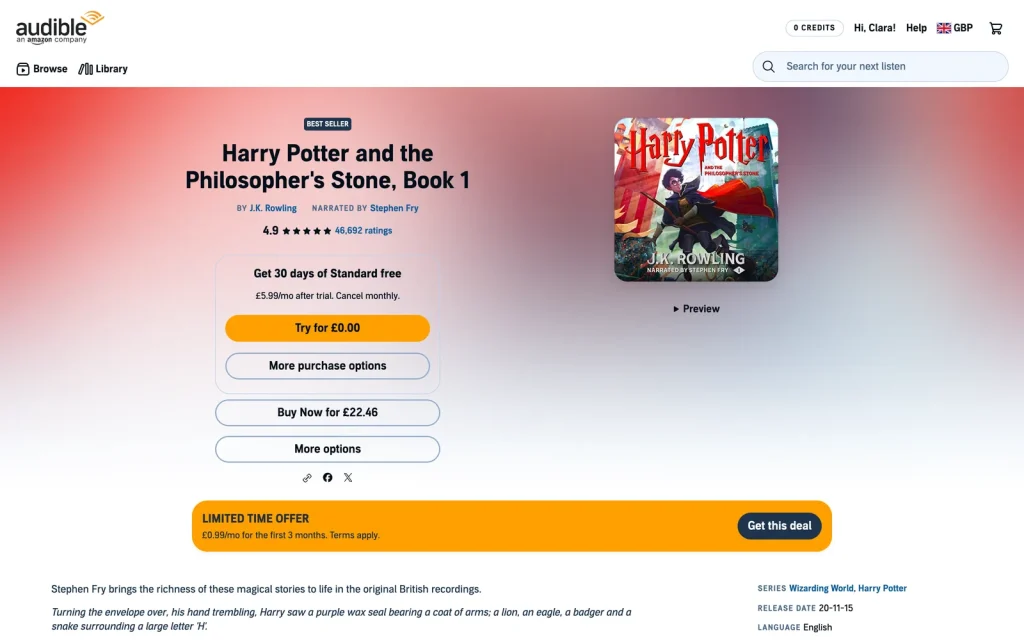 An audiobook page on Audible UK showing the price and buying options