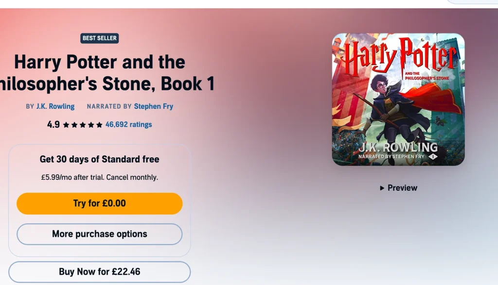 Audiobook details on Audible UK showing the narrator, length and rating