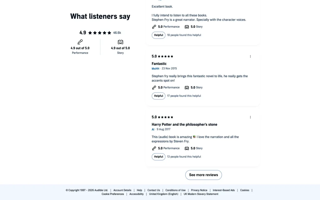 Listener reviews on an Audible UK audiobook page