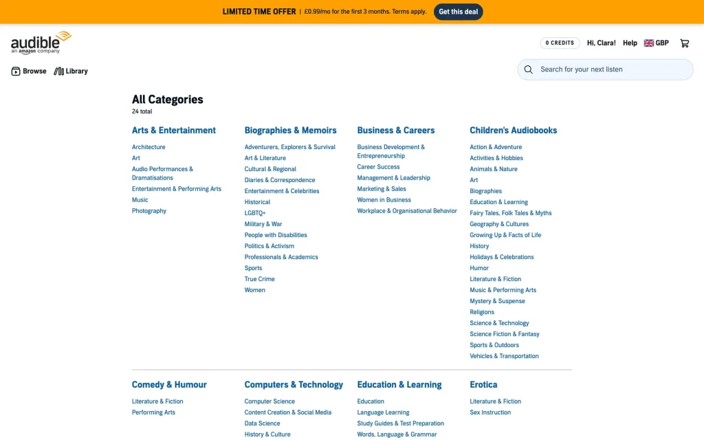The categories page on Audible UK listing every genre