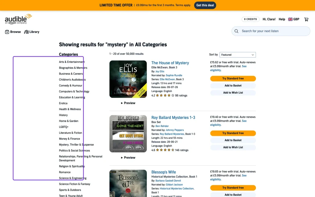 Audible UK search results with the filter sidebar for length and release date