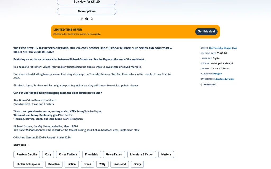 The Thursday Murder Club audiobook page on Audible UK with the price and buying options