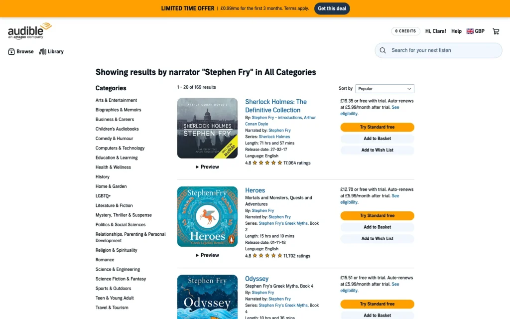 Audible UK search results filtered to audiobooks narrated by Stephen Fry